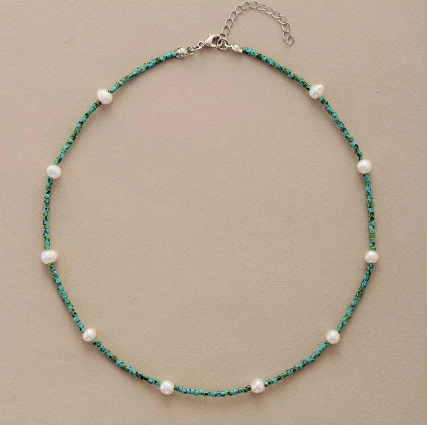 Aqua & Green Seed Bead and Freshwater Pearl Choker Necklace
