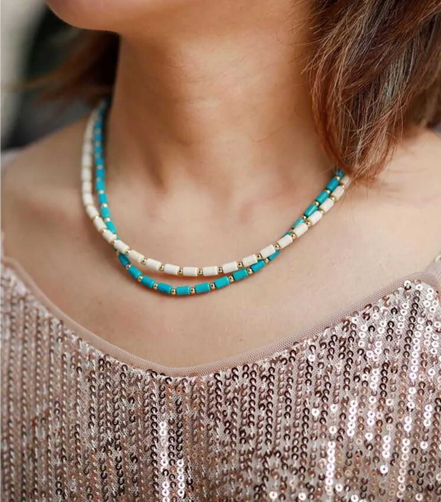 Goldtone & Turquoise Beaded Choker Necklace