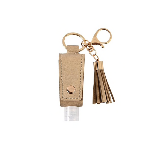 Beige Goldtone Tassel Hand Sanitizer Keychain With Empty Bottle