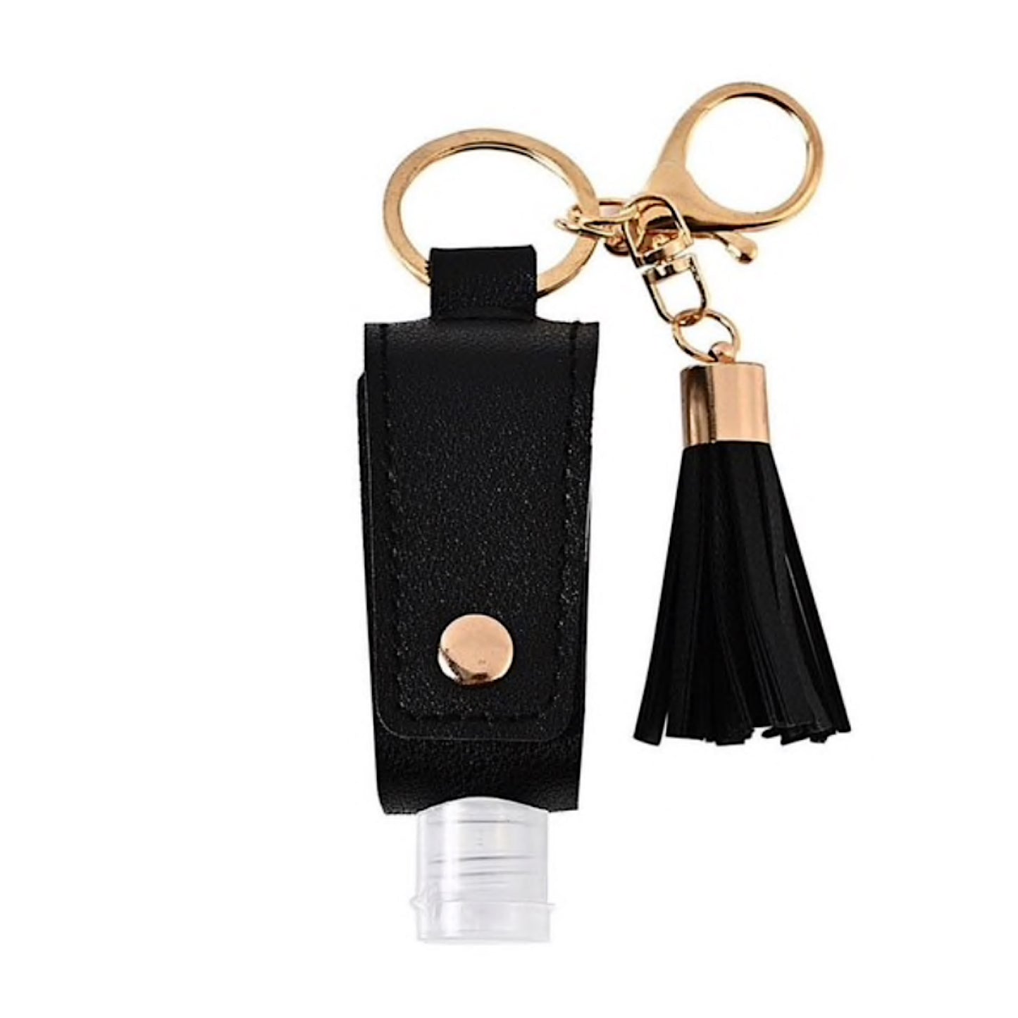 Black Goldtone Tassel Hand Sanitizer Keychain With Empty Bottle