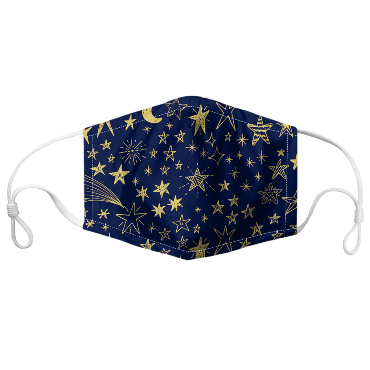 Reusable non-medical face mask with yellow stars on a navy background