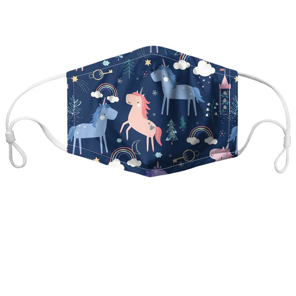Navy face mask with colorful unicorn and woodland print and white ear loops