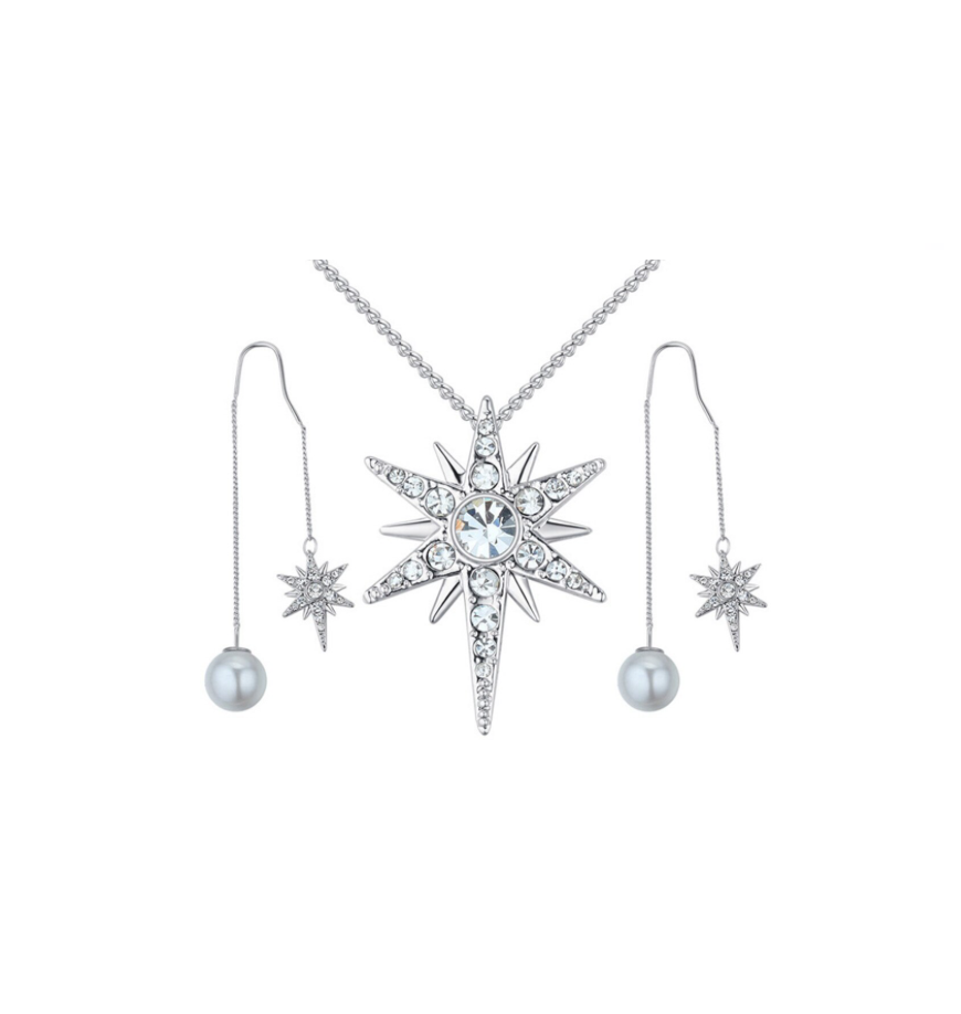 Silvertone North Star Necklace Earrings Set With Swarovski Crystals