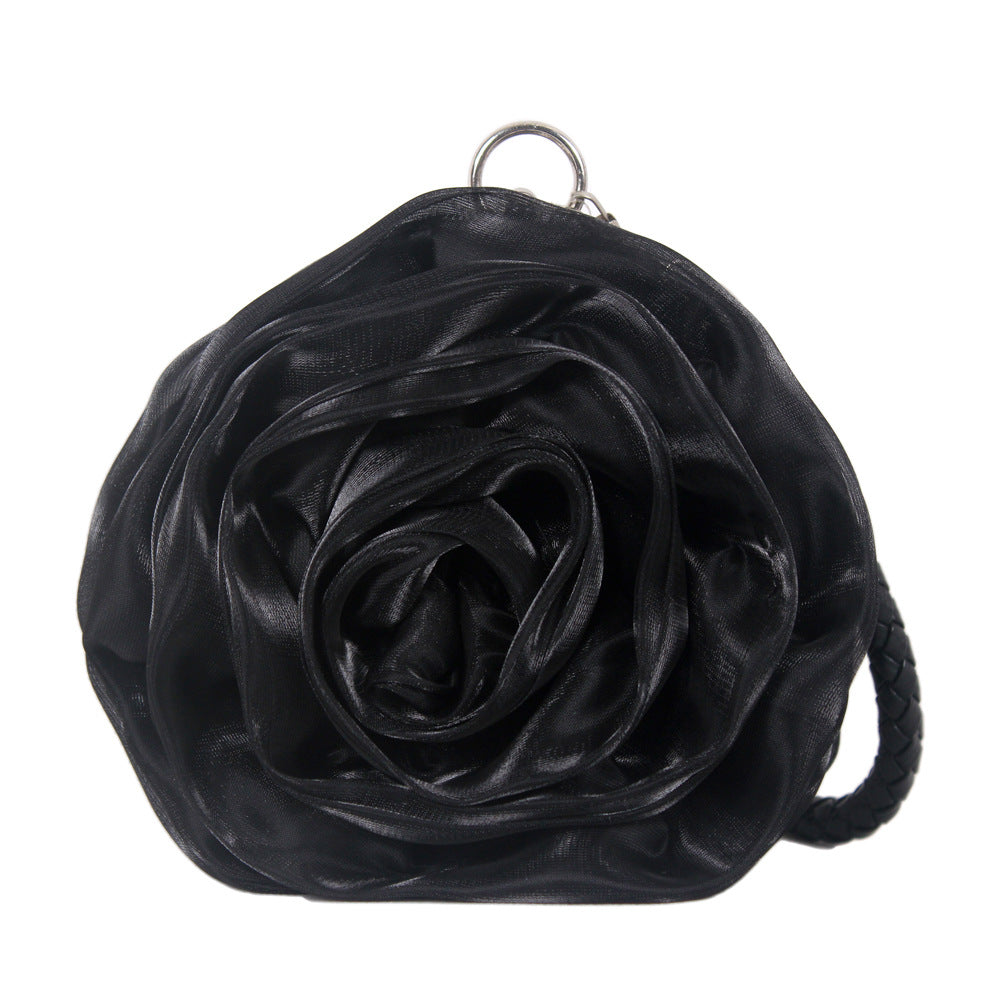 Black Satine Rose Flower Clutch Handbag with Removeable Strap