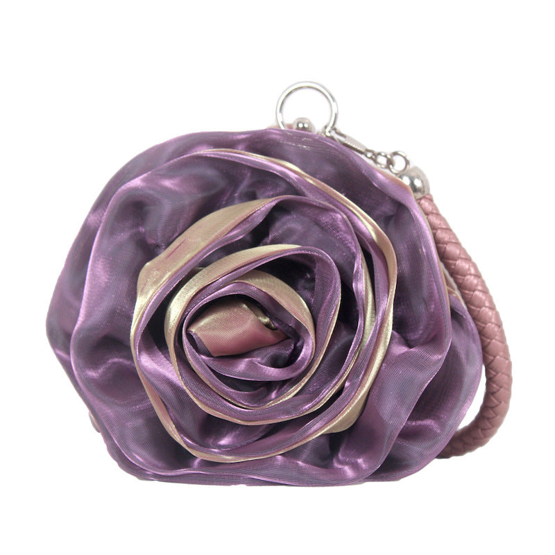 Black Satine Rose Flower Clutch Handbag with Removeable Strap