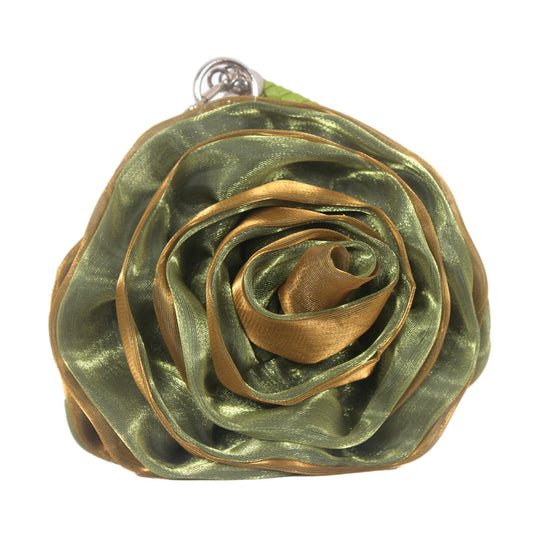 Green Satine Rose Flower Clutch Handbag with Removeable Strap