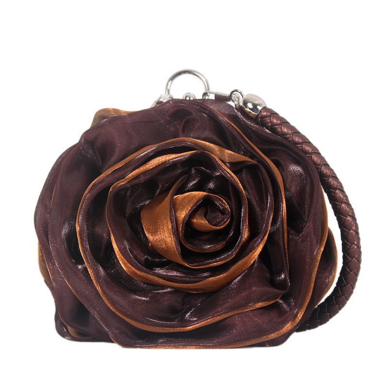 Black Satine Rose Flower Clutch Handbag with Removeable Strap