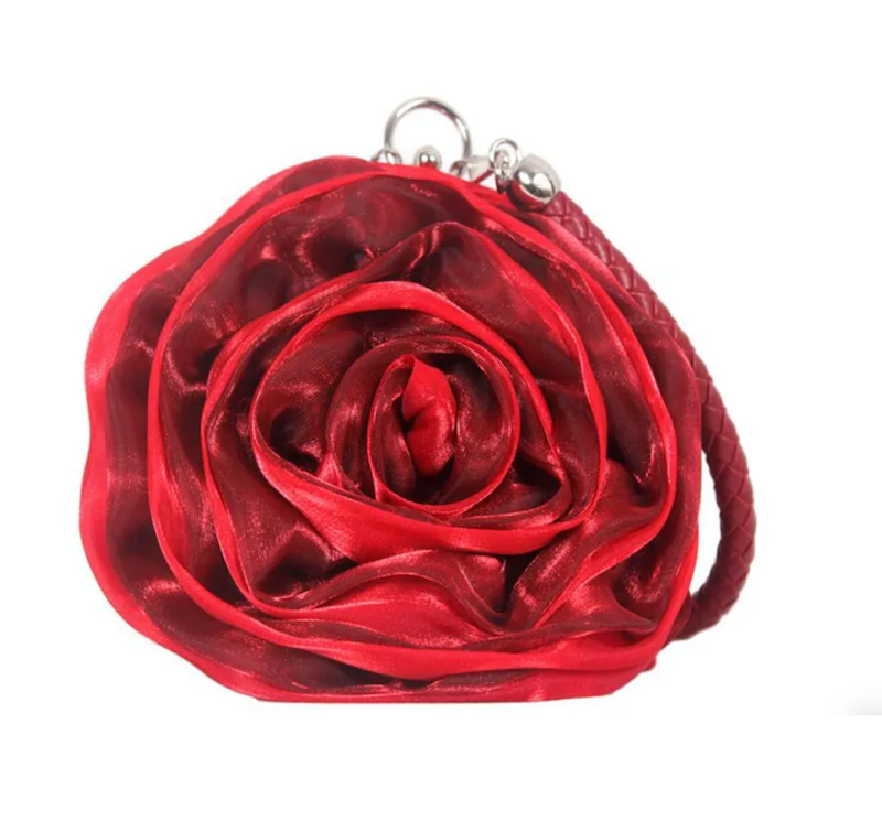 Black Satine Rose Flower Clutch Handbag with Removeable Strap