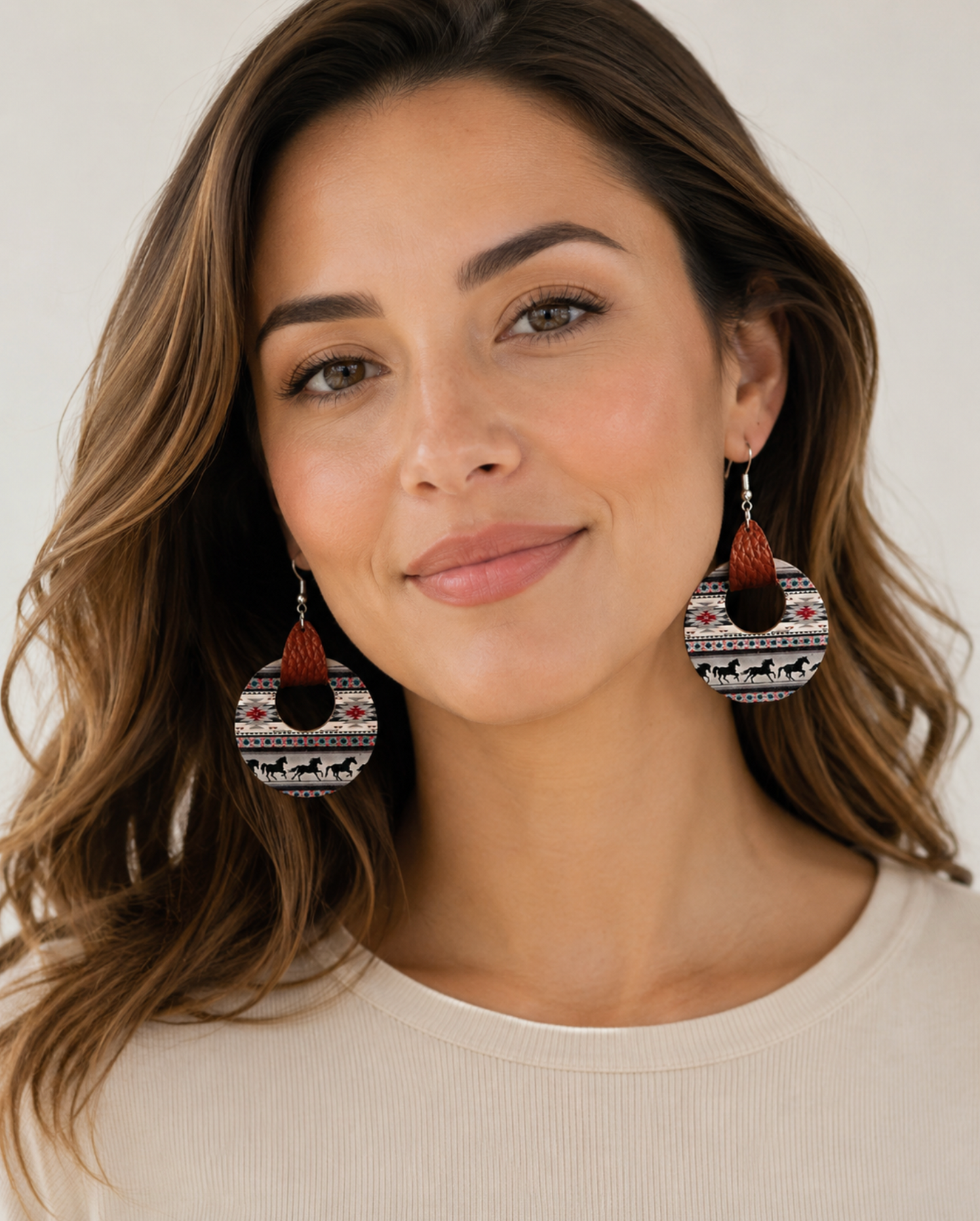 Faux Leather Strap & Patterned Circular Drop Earrings