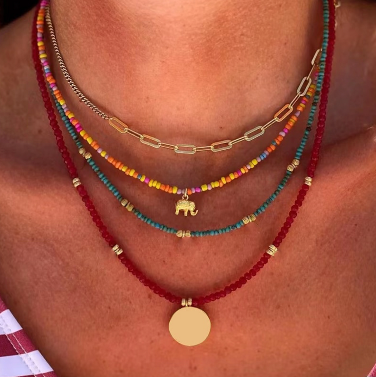 Goldtone & Multi Coloured Beaded Layered Necklaces with Elephant Charm