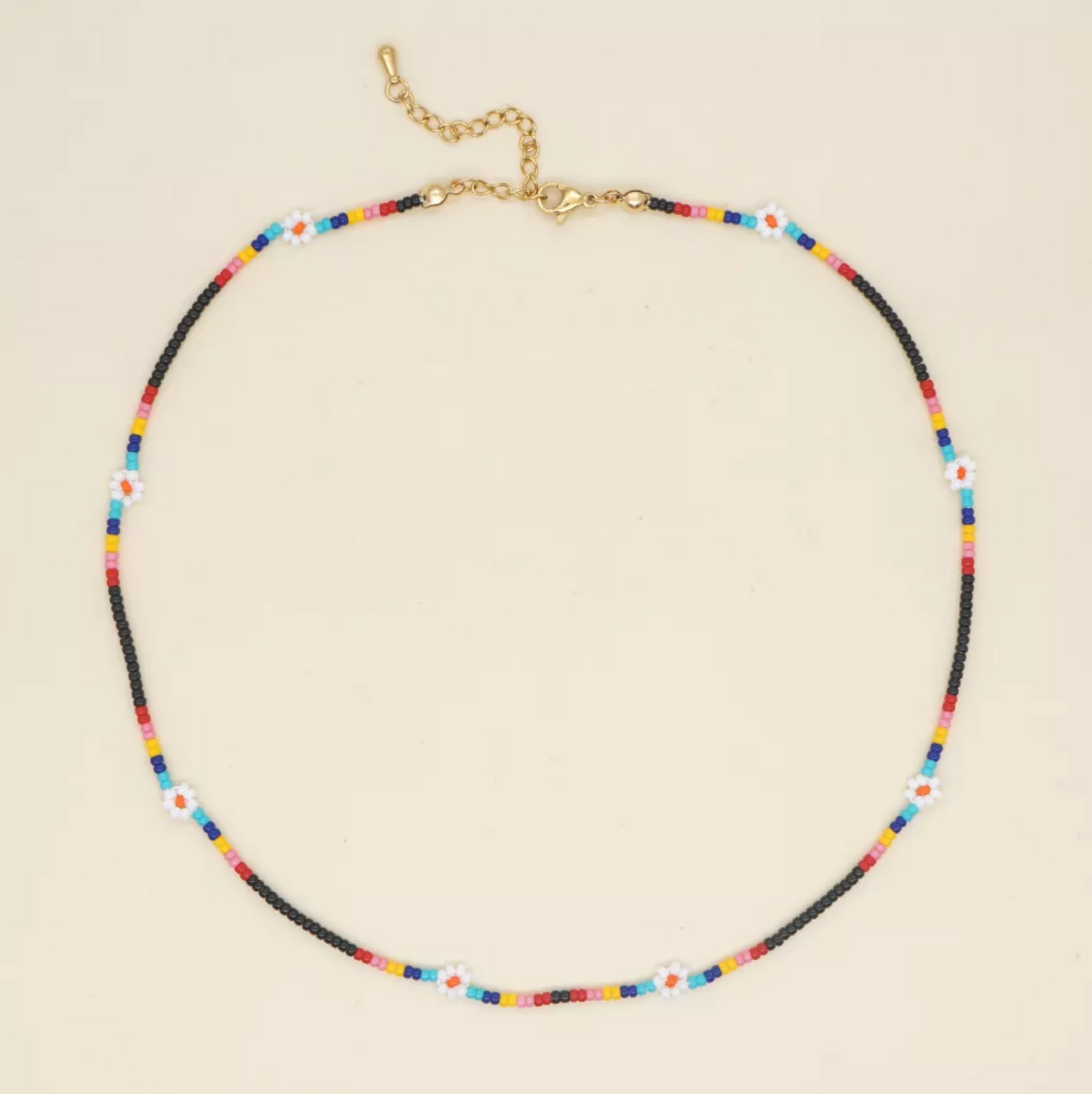 Multi Coloured & Black Beaded Necklace With Daisies