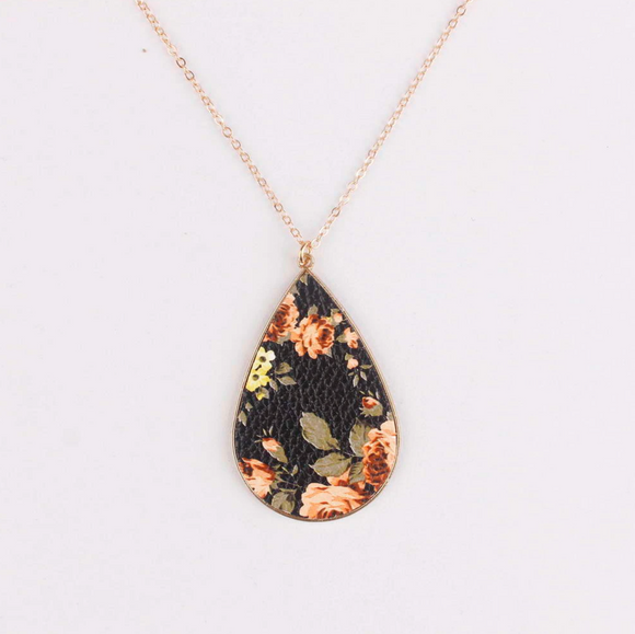 Black Vintage Floral Goldtone Teardrop Pendant Necklace