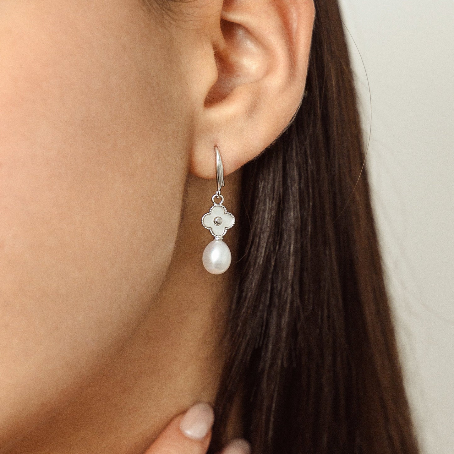 Freshwater Cultured Pearl & Cubic Zirconia Drop Earrings with Mother of Pearl Clover