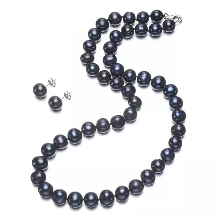 Black Freshwater Cultured Pearl Chain Necklace Set