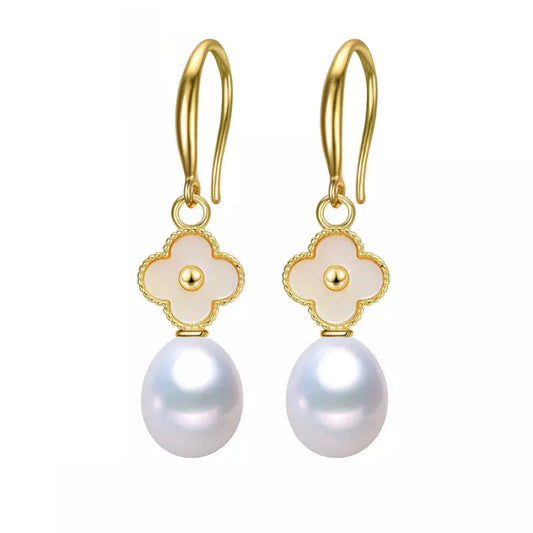 Freshwater Cultured Pearl & Sterling Silver 18k Gold-Plated Clover Drop Earrings