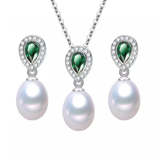 Green Cubic Zirconia & Freshwater Pearl Pendant Necklace Set