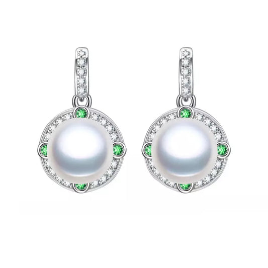 Green Cubic Zirconia & Freshwater Cultured Pearl Halo Drop Earrings