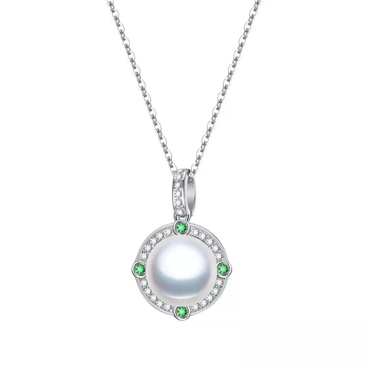 Green Cubic Zirconia & Cultured Pearl Halo Pendant Necklace