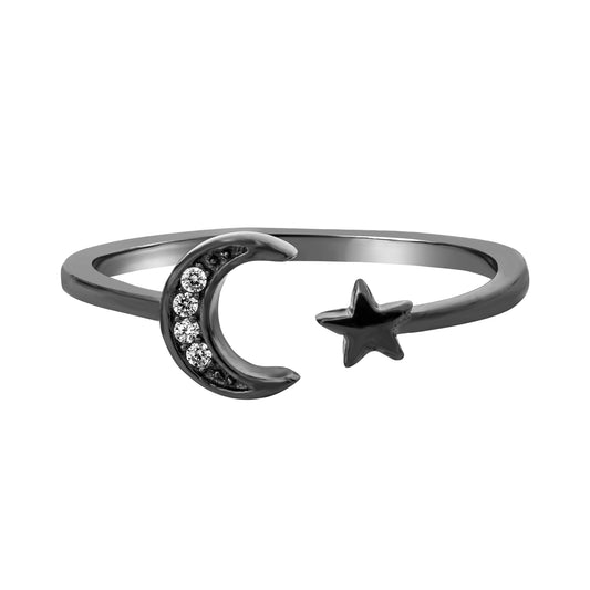 Cubic Zirconia & Black-Plated Sterling Silver Moon & Star Ring