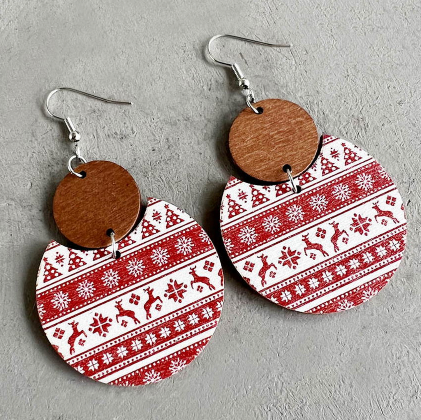 Christmas Patterned & Wood Circular Drop Earrings