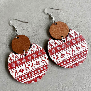 Red & White Christmas Patterned & Wood Circular Drop Earrings