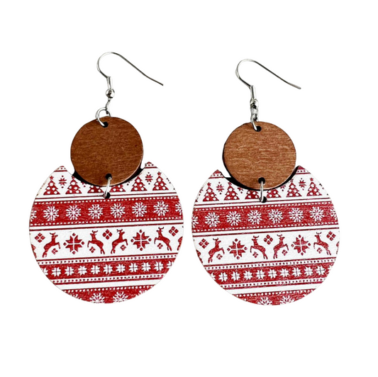 Christmas Patterned & Wood Circular Drop Earrings