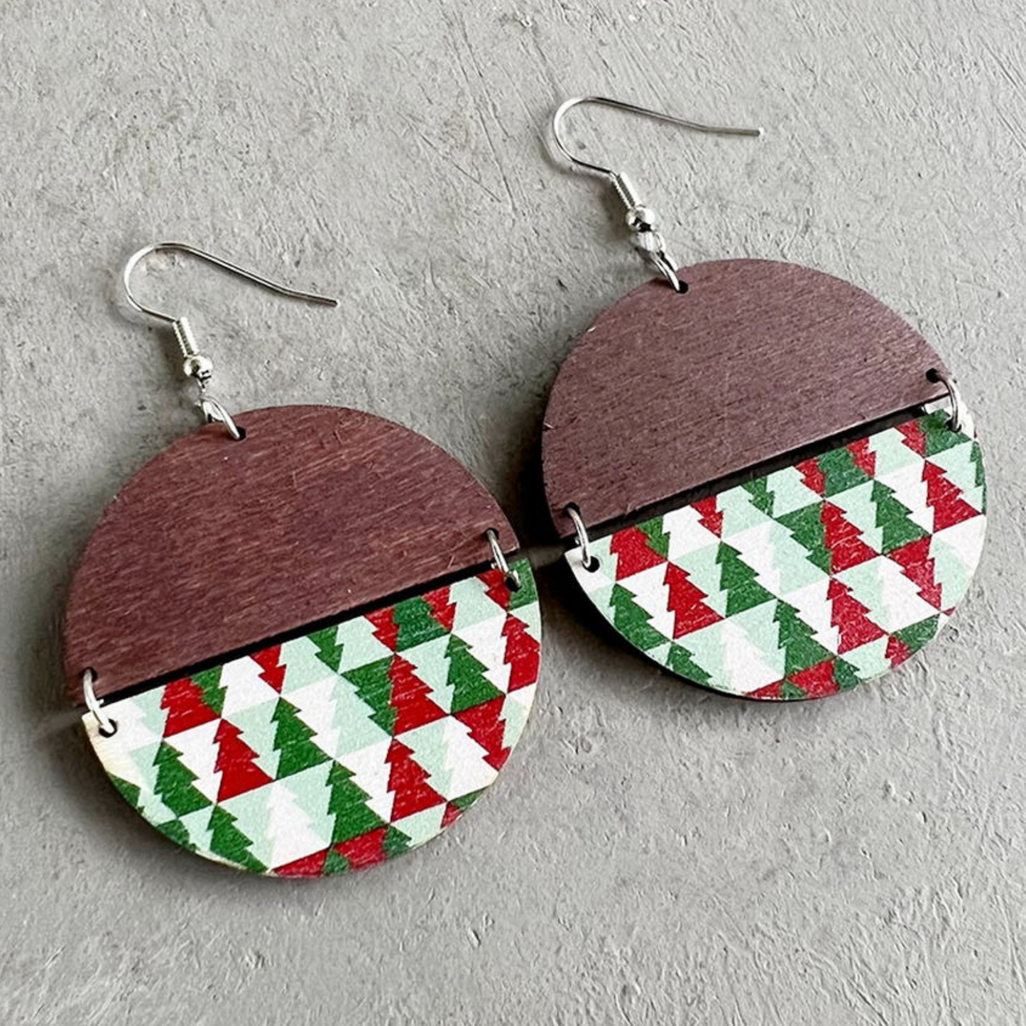 Silvertone Wooden Half Circle Drop Earrings