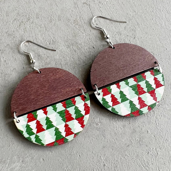 Silvertone Half Circle Wood And Pine Tree Drop Earrings In Red And Green