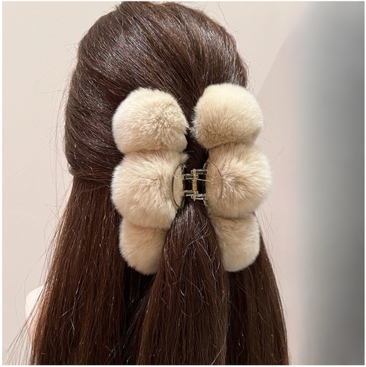 Beige Pom Pom Claw Clip