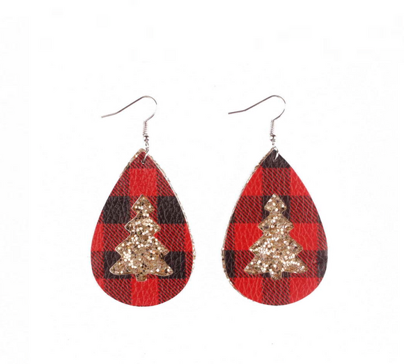 Red Plaid & Glittering Christmas Tree Teardrop Drop Earrings