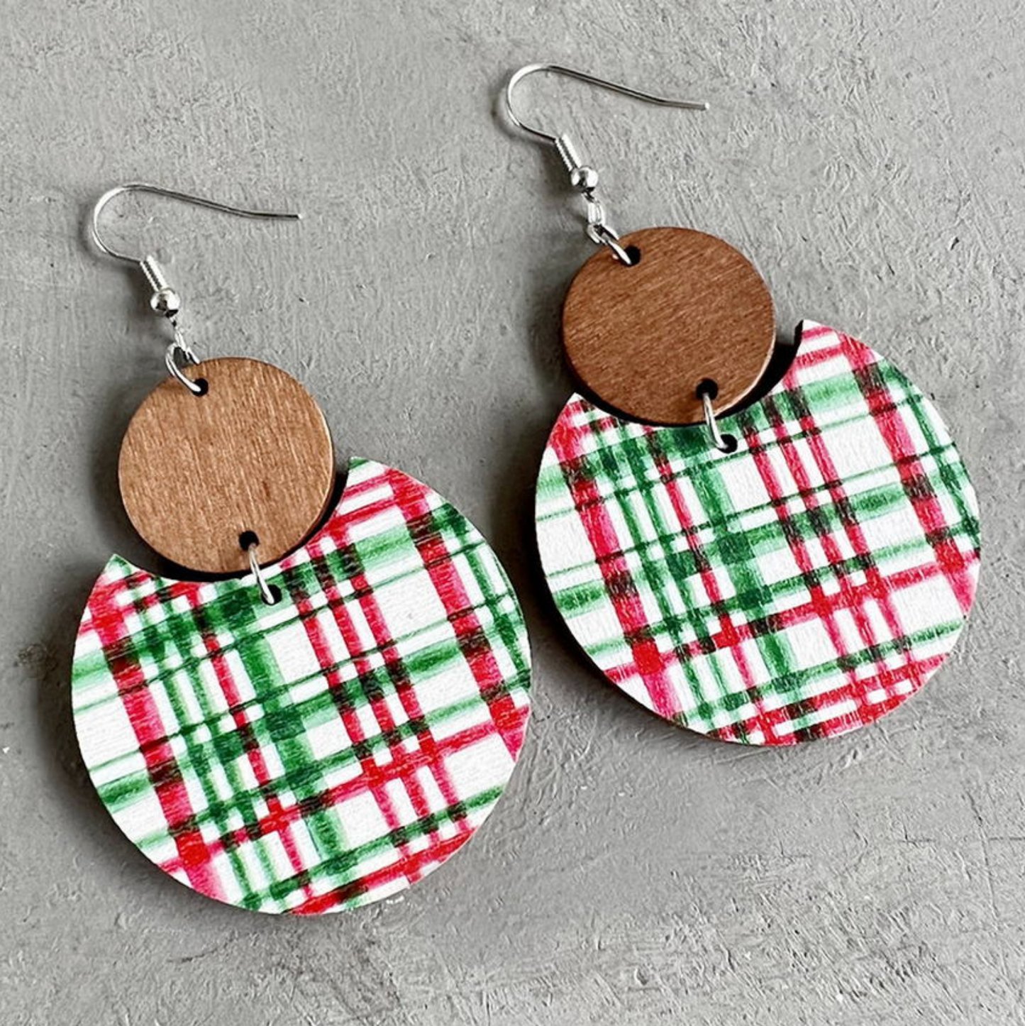 Christmas Patterned & Wood Circular Drop Earrings