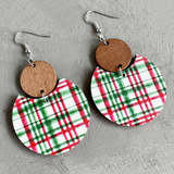 White, Red & Green Plaid & Wooden Circular Drop Earrings