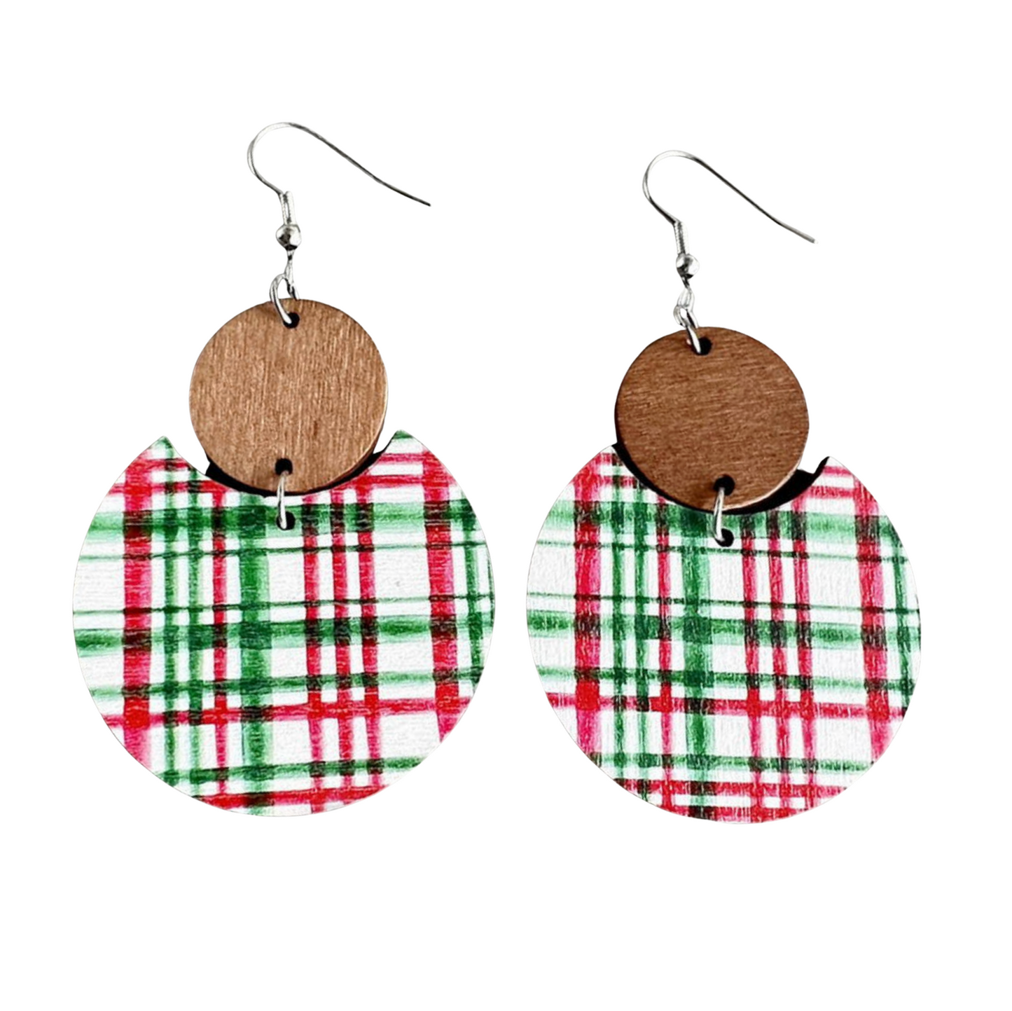 Christmas Patterned & Wood Circular Drop Earrings