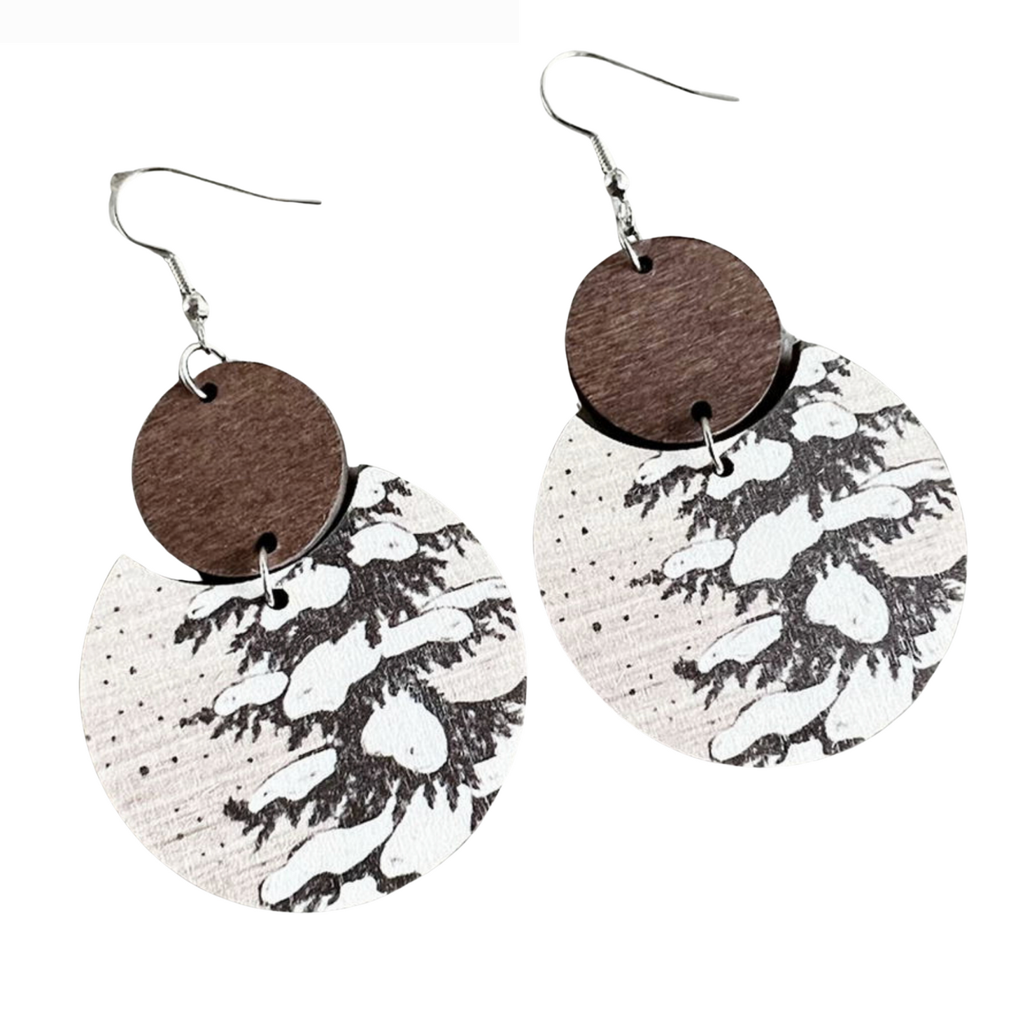 Silvertone and White Snow Pine Tree Wood Drop Earrings