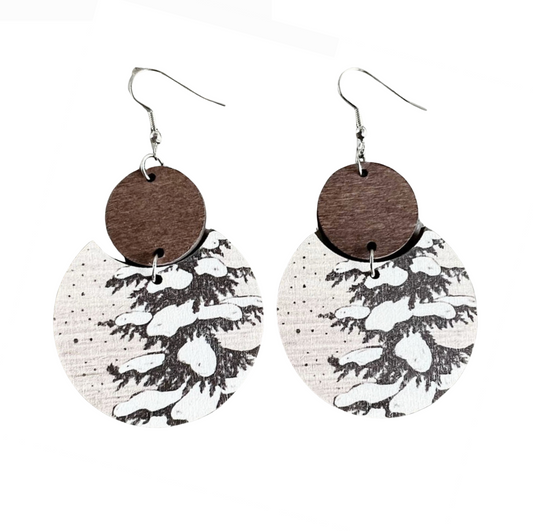 Silvertone and White Snow Pine Tree Wood Drop Earrings