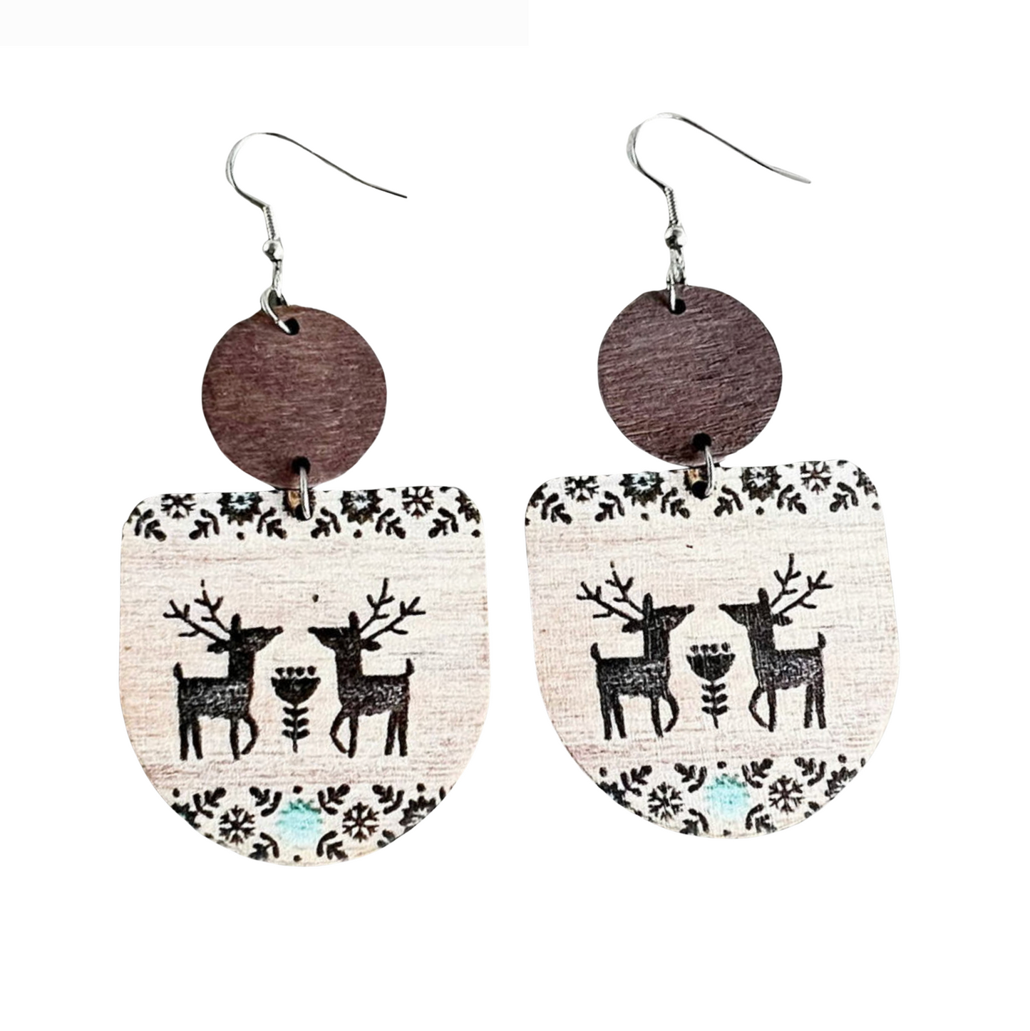 Wooden Floral Reindeer Drop Earrings