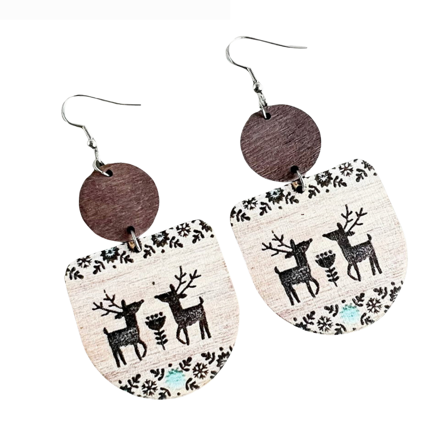 Wooden Floral Reindeer Drop Earrings