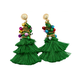 Green Decorated Tassel Christmas Tree Drop Earrings