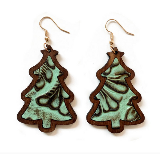 Wooden Green Christmas Tree Drop Earrings