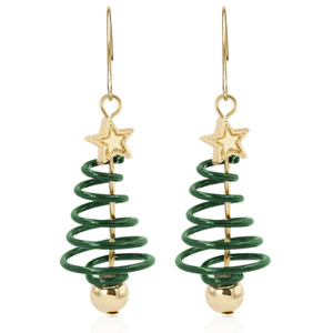 Goldtone & Green Spiraled Christmas Tree Earrings