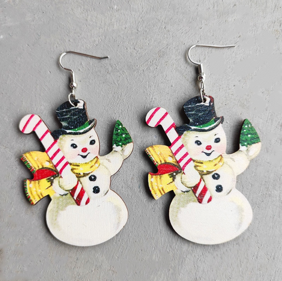 White Snowman With Candy Cane Drop Earrings