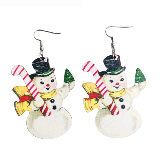 White Snowman With Candy Cane Drop Earrings