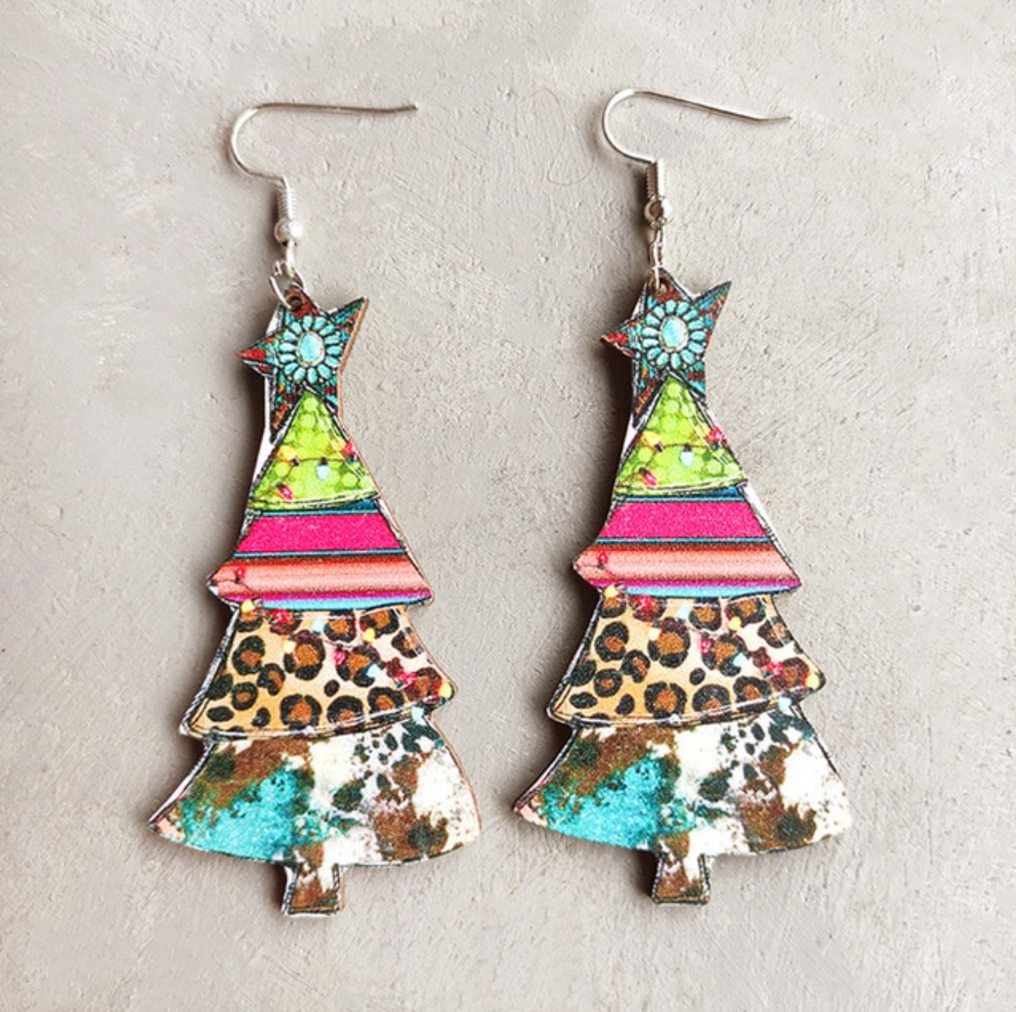 Multi Patterned Christmas Tree Drop Earrings