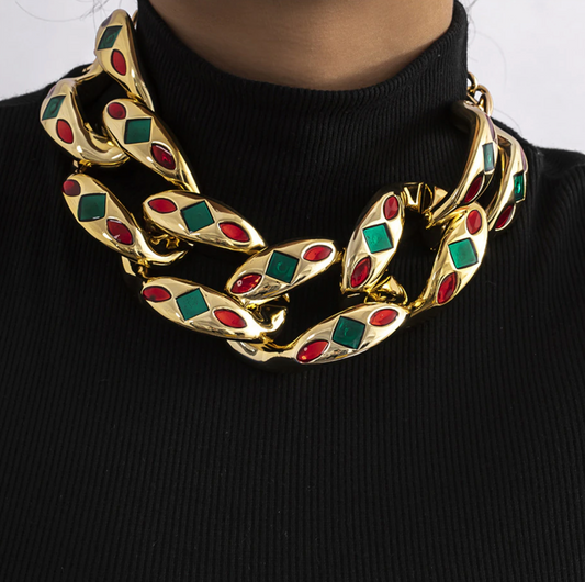 Goldtone Red & Green Embellished Chunky Chain Link Chocker Necklace