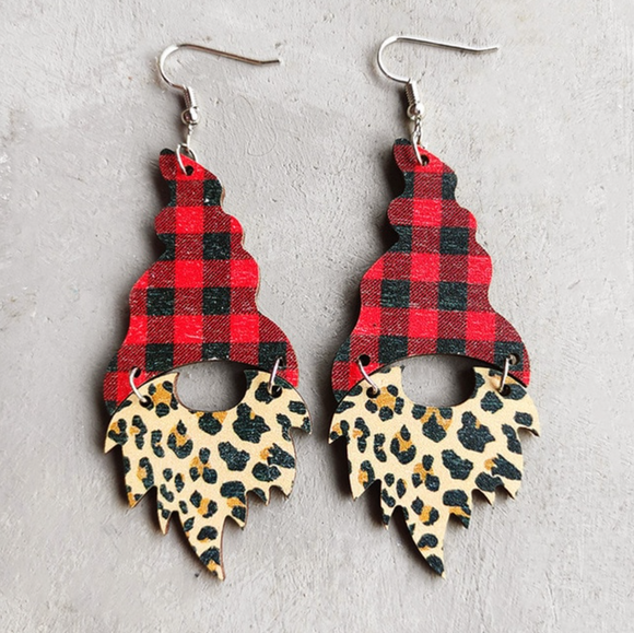 Red Plaid & Cheetah Print Gnome Drop Earrings