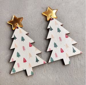 White Patterned Christmas Tree & Gold Star Drop Earrings
