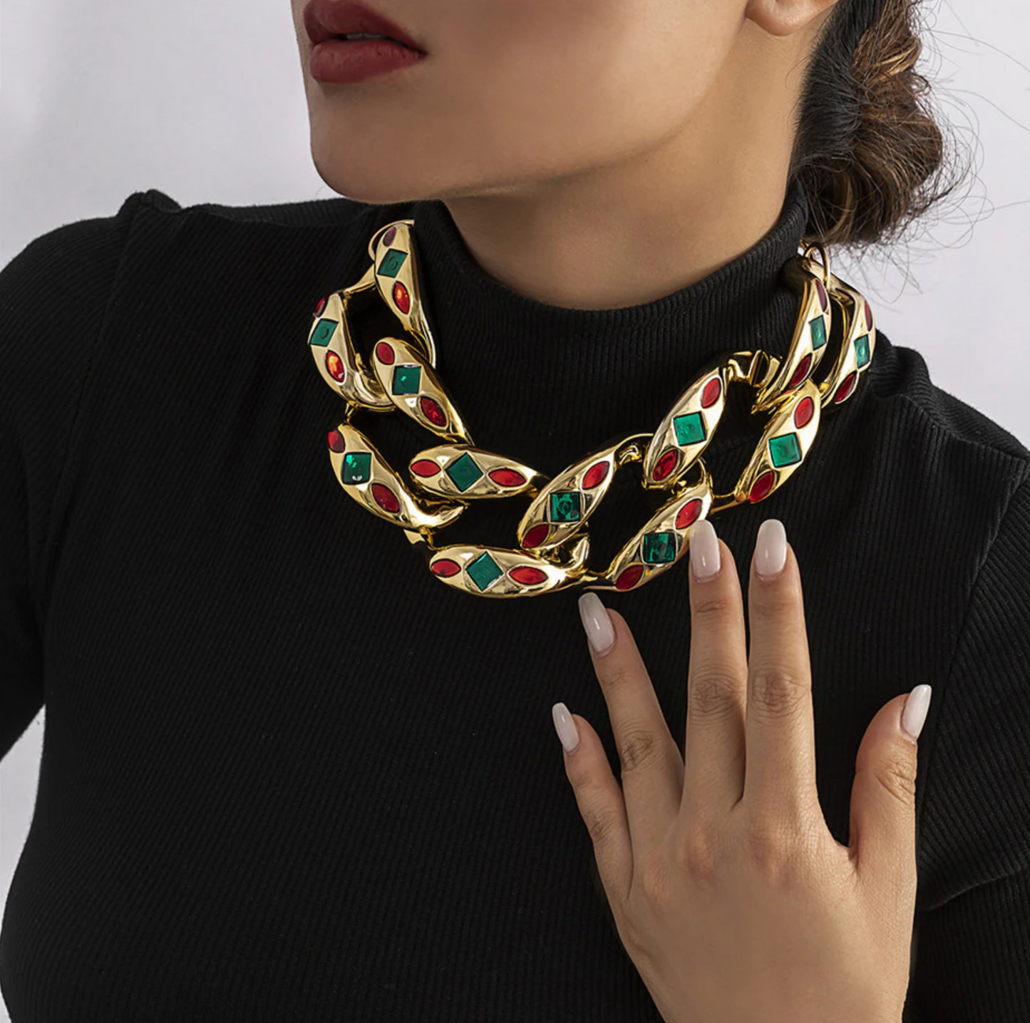 Goldtone Red & Green Embellished Chunky Chain Link Chocker Necklace