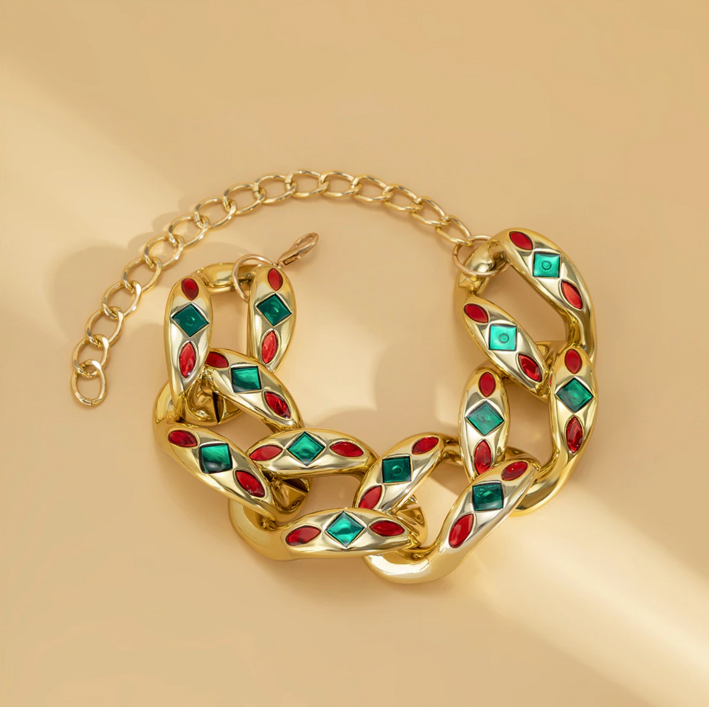 Goldtone Red & Green Embellished Chunky Chain Link Chocker Necklace