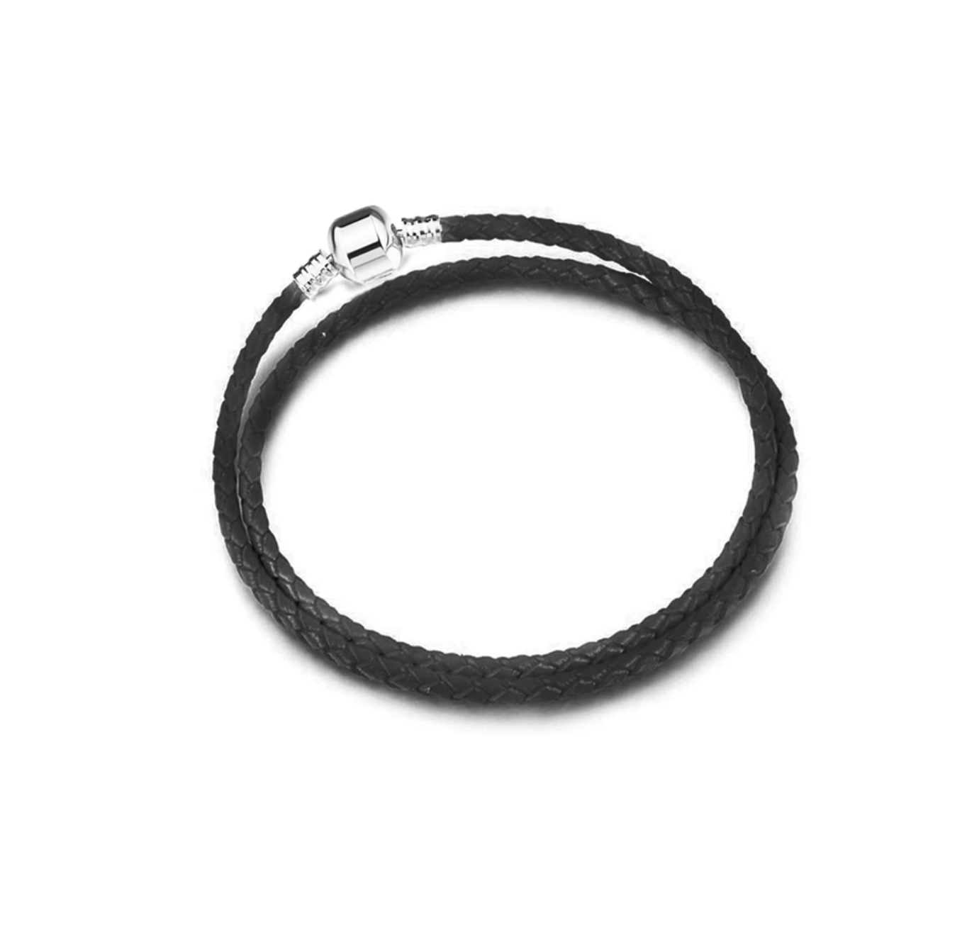 Black Leather & Silvertone Double-braided Charm Bracelet