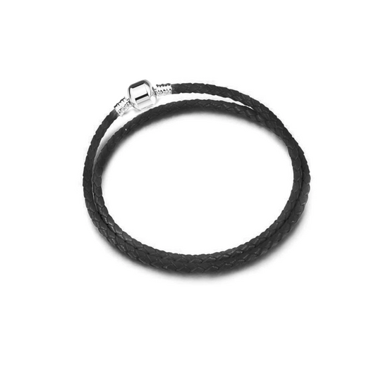 Black Leather & Silvertone Double-braided Charm Bracelet